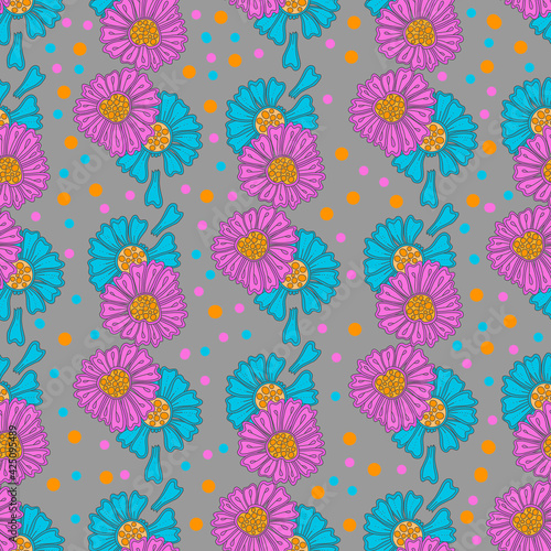 Seamless pattern with bright doodle flowers on gray background. Vector flat cartoon illustration
