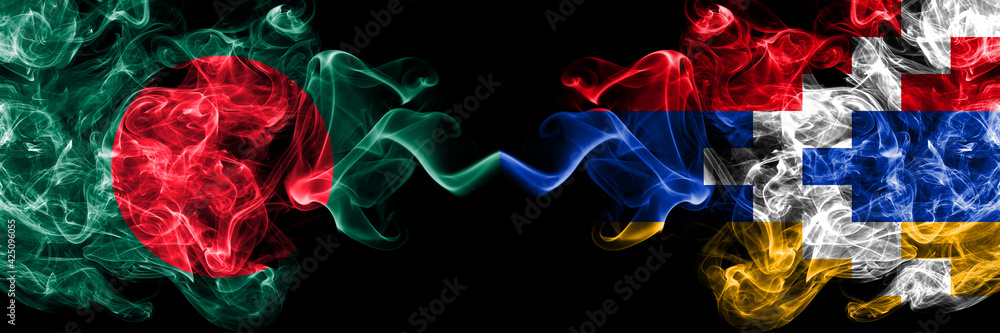 Bangladesh, Bangladeshi vs Artsakh, Artsakhtsi, Nagorno Karabakh smoky mystic flags placed side by side. Thick colored silky abstract smokes flags. Bangladesh, Bangladeshi vs Artsakh, Artsakhtsi, Nagorno Karabakh smoky mystic flags placed side by side. Thick colored silky abstract smokes flags.