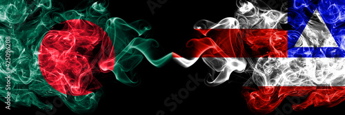 Bangladesh, Bangladeshi vs Bahia, Brazil smoky mystic flags placed side by side. Thick colored silky abstract smokes flags.