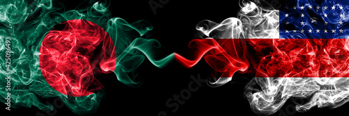 Bangladesh, Bangladeshi vs Brazil, Brazilian, Amazonas smoky mystic flags placed side by side. Thick colored silky abstract smokes flags.