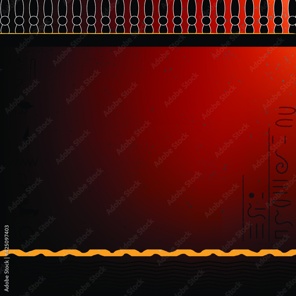 old Egiptian style background with hieroglyphs. vector poster template. Red color with ornament