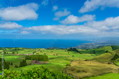 Panorama view from the mountain from Sao Miguel to the Atlantic Ocean, Azores - Portugal