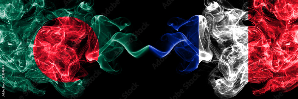 Obraz premium Bangladesh, Bangladeshi vs France, French smoky mystic flags placed side by side. Thick colored silky abstract smokes flags.