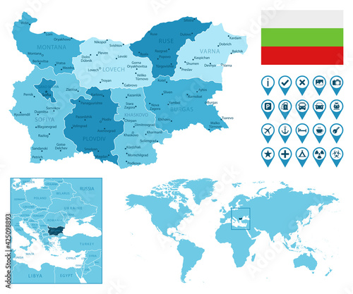 Bulgaria detailed administrative blue map with country flag and location on the world map. Vector illustration