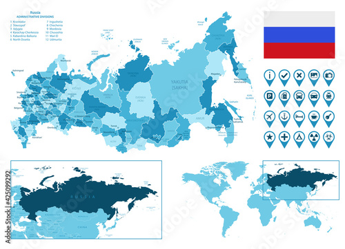 Russia detailed administrative blue map with country flag and location on the world map. Vector illustration