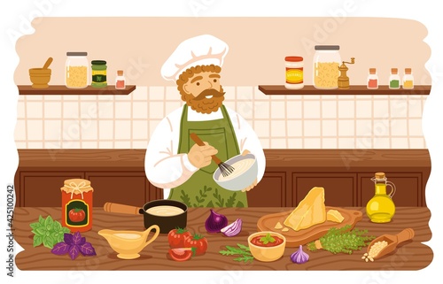 Smiling chef in apron mixing ingredients preparing sauce at kitchen table laden with ingredients, vegetables, spices. Man cooking homemade dressings. Vector hand-drawn cartoon flat illustration.