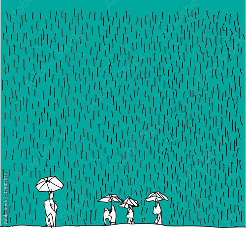hand drawn sketch of people with umbrellas in heavy rain