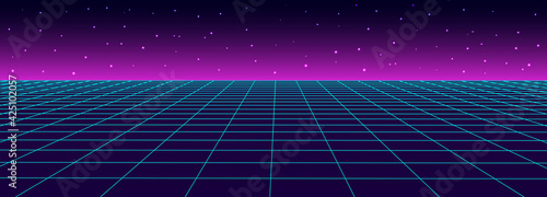 Retro vector grid with stars. Perspective tile of lines. Detailed vector illustration.