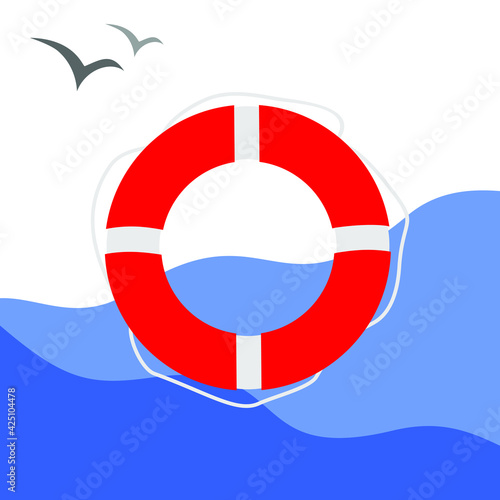 Red lifebuoy on a background of blue sea waves with seagulls behind