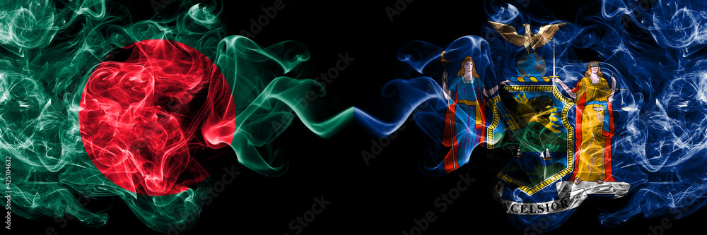 Obraz premium Bangladesh, Bangladeshi vs United States of America, America, US, USA, American, New York smoky mystic flags placed side by side. Thick colored silky abstract smokes flags.