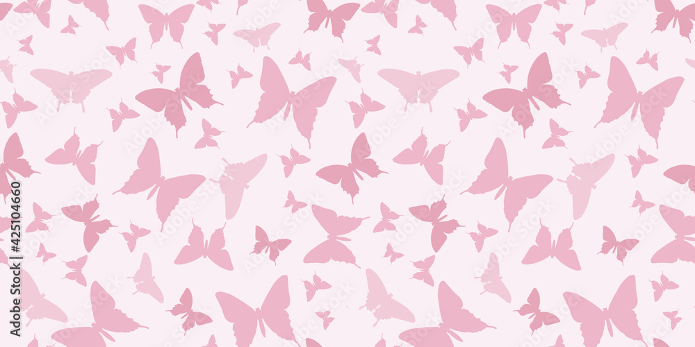 Butterfly silhouette seamless vector pattern background, pink