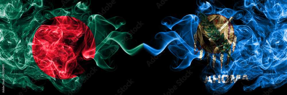 Obraz premium Bangladesh, Bangladeshi vs United States of America, America, US, USA, American, Oklahoma smoky mystic flags placed side by side. Thick colored silky abstract smokes flags.