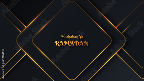 Marhaban ya Ramadan background with dark color and shiny gold ornament