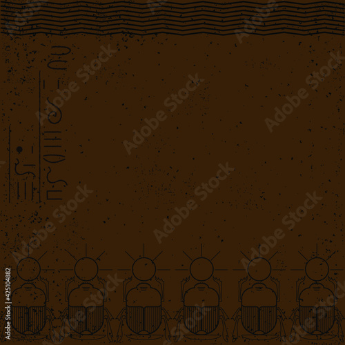 Ancient Egypt simbol, amulet scarab beetles. dung beetle. Scarabaeus. Vector line illustration with ornament. yellow background with grunge texture