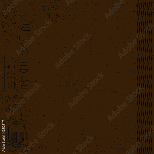 Ancient Egypt simbol, amulet scarab beetles. dung beetle. Scarabaeus. Vector line illustration with ornament and hieroglyphs. yellow background with grunge texture
