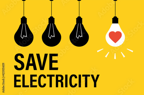 Three black lamp bulbs and one shine light bulb on yellow background. Save electricity, motivational banner. Bulb with red heart.