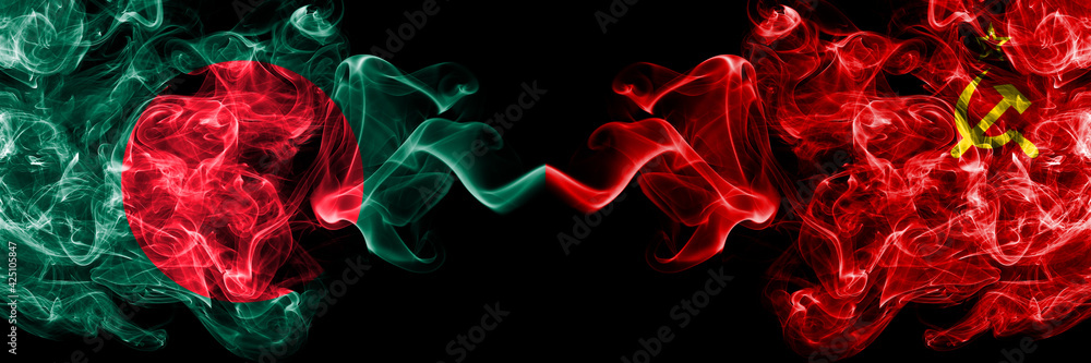 Obraz premium Bangladesh, Bangladeshi vs USSR, Soviet, Russia, Russian, Communism smoky mystic flags placed side by side. Thick colored silky abstract smokes flags.