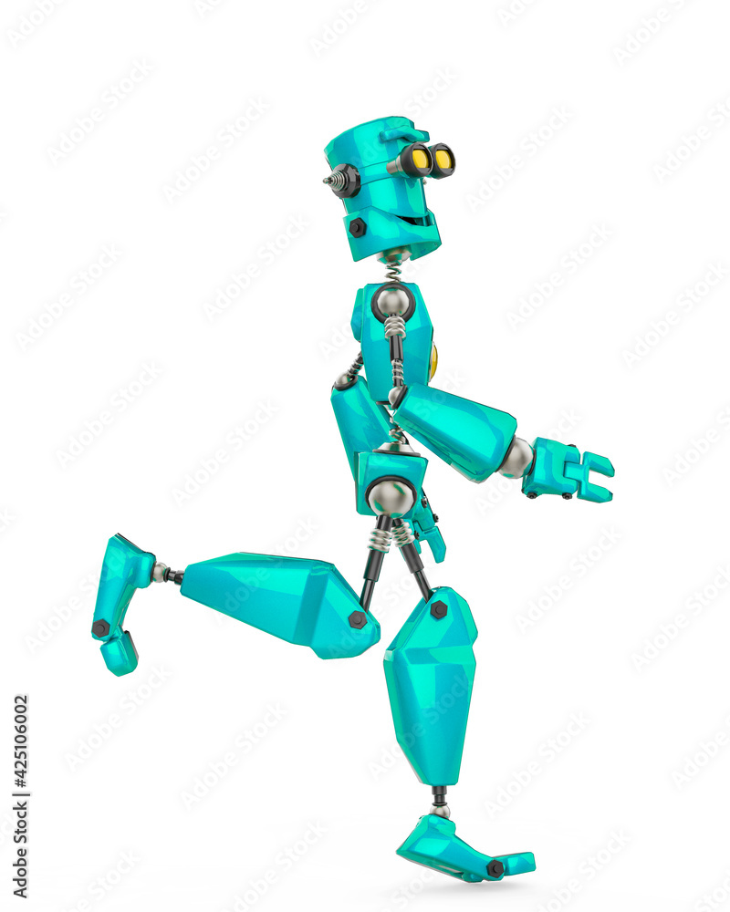 funny robot cartoon jogging in a white background side view funny robot cartoon jogging in a white background side view