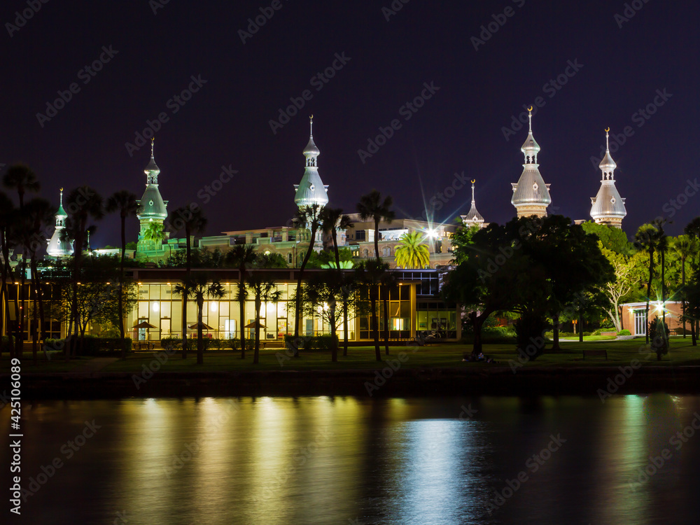 Night shot of the University of Tampa in Tampa, Florida.  Photographed across the Hillsborough River from Curtis-Hixon Park.