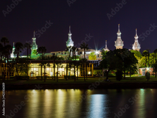 Night shot of the University of Tampa in Tampa, Florida. Photographed across the Hillsborough River from Curtis-Hixon Park.