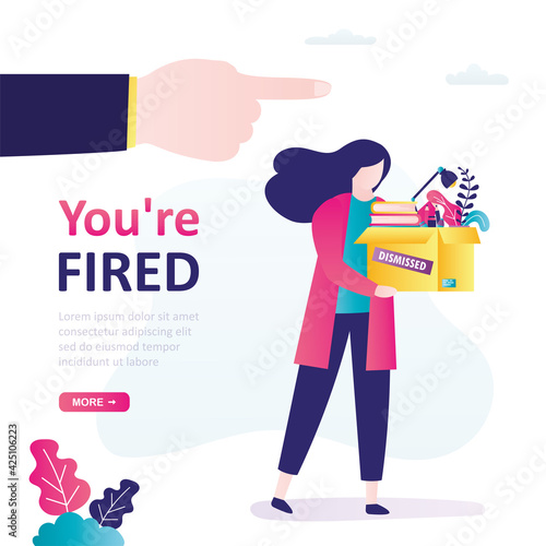 Female employee fired from company. Unhappy woman holds personal belongings in box. Jobless troubles and staff reduction.