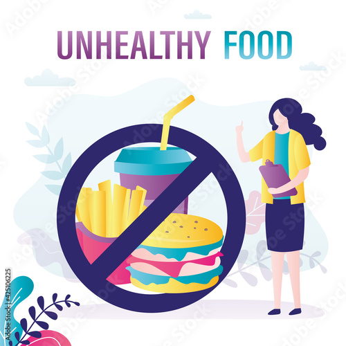 Nutritionist doctor asks to give up junk food. Obesity problem, unhealthy fast food in warning sign. Concept of dietetics and restrictions.