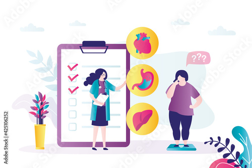Fat girl came for consultation with nutritionist. Doctor points out problems that have appeared due to obesity