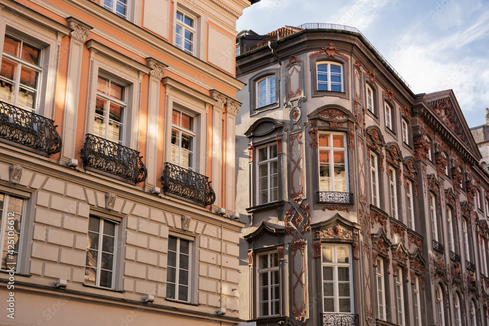 old building`s facades in baroque style. Munich historical streets