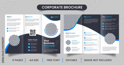 Corporate business trifold brochure with blue and black color geometric shapes Premium Vector ads