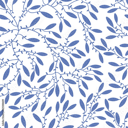 Tossed Blue Flower Buds and Leaves Seamless Pattern Background