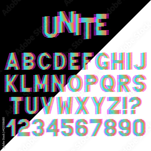Decorative alphabet letters with electronic glitch effect. Vector font design.