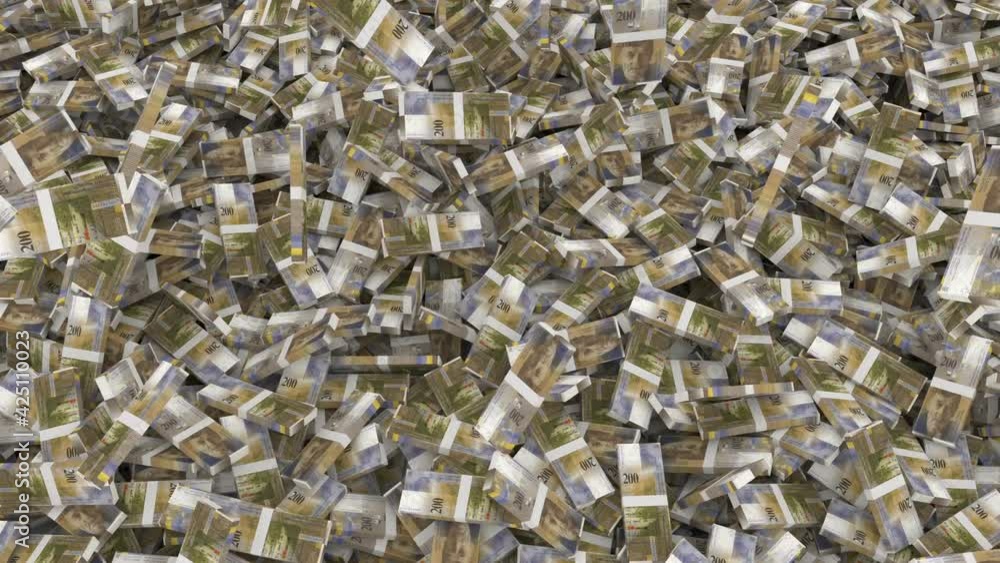 two hundred Swiss francs stacks of banknotes fall from above forming a ...