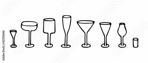 Vector illustration of cocktail glasses in doodle style. Hand drawn icon and symbol for web, menu, print, poster, sticker, card design. Doodle design elements. 