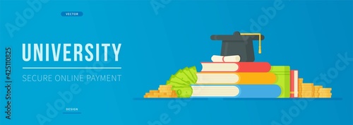 University Payment. Vector illustration of college tuition. Back to School. Studying, buying, school, distance learning.