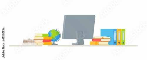 The workplace of a schoolboy or student. Vector illustration of doing homework. Online learning.
