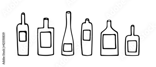 Vector illustration of a set of bottles of different shapes. Hand drawn icon and symbol for web  menu  print  poster  sticker  card design. Doodle design elements. 