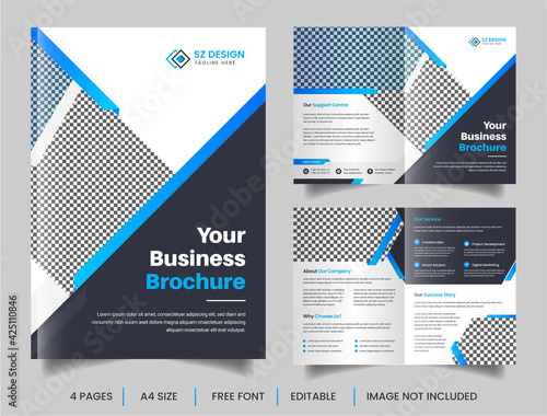Modern corporate business brochure with blue and black color geometric shapes premium vector