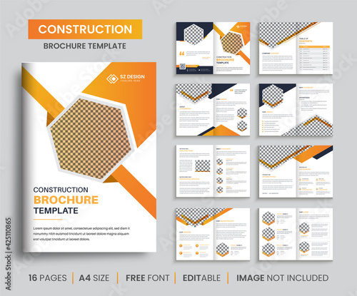 Modern construction brochure design template with yellow and black color geometric shapes Premium Vector
