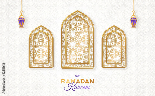 Ramadan Kareem concept poster or banner, gold 3d frame arab windows with beautiful arabesque pattern and hanging lanterns lamp on white background. Vector illustration. Place for your text