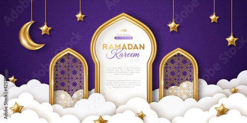 Ramadan Kareem concept banner, gold 3d frame arab window on night sky background, beautiful arabesque pattern. Vector illustration. Hanging golden crescent and stars, paper cut clouds. Place for text