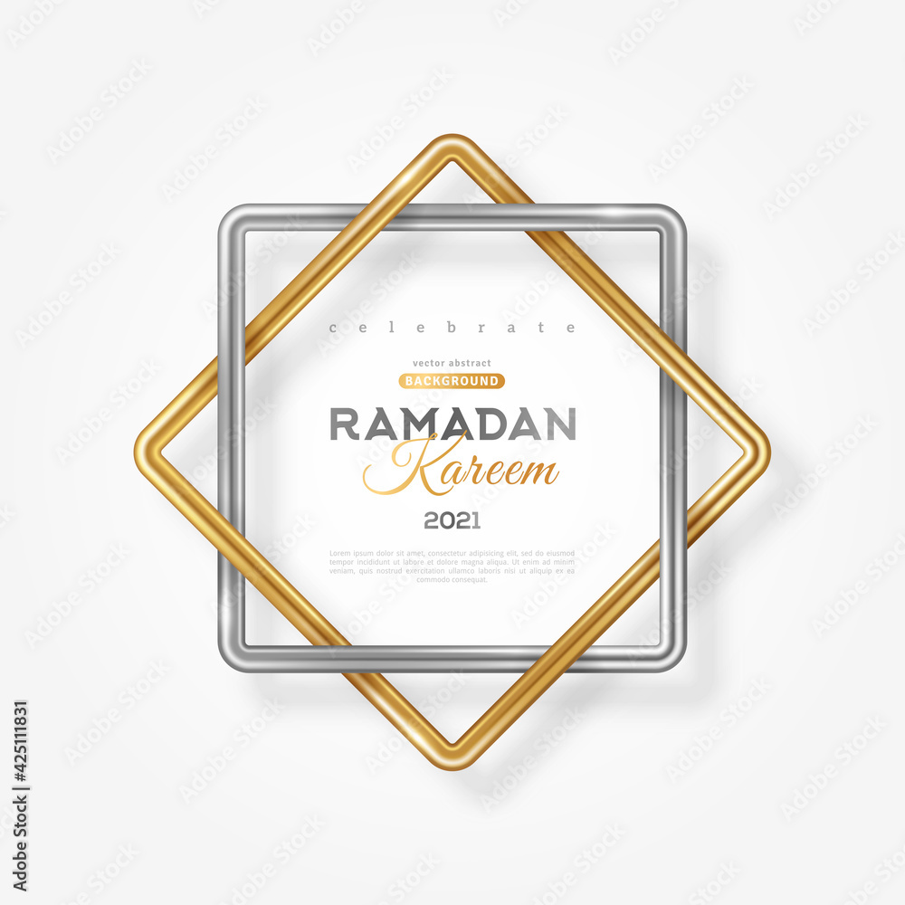 Ramadan Kareem concept poster, typography template. Eight point star shape frame, 3d gold and silver Rub el hizb islamic symbol isolated on light background. Vector illustration. Ramadan Kareem concept poster, typography template. Eight point star shape frame, 3d gold and silver Rub el hizb islamic symbol isolated on light background. Vector illustration.