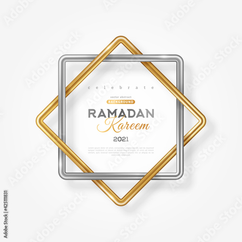 Ramadan Kareem concept poster, typography template. Eight point star shape frame, 3d gold and silver Rub el hizb islamic symbol isolated on light background. Vector illustration.