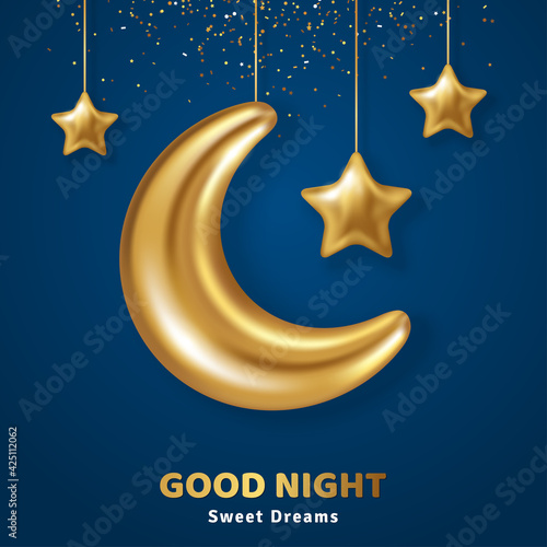 3d gold crescent half moon with hanging stars and confetti on dark blue sky background. Vector illustration. Ramadan Kareem concept banner and good night sweet dreams baby wallpaper. Place for text