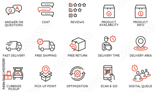 Vector Set of Linear Icons Related to Shipping and Express Delivery Process, Convenience of Purchasing Products and Digital Transformation. Mono line pictograms and infographics design elements
