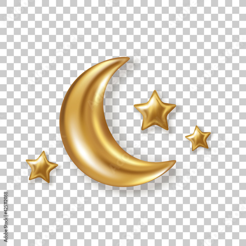 3d gold crescent half moon with glitter stars isolated on transparent background. Vector illustration. Ramadan Kareem concept icon and good night sweet dreams baby sign.