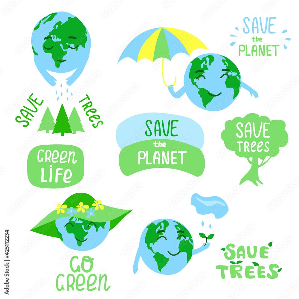 Set of ecological label. Save the Planet, Earth day, Go Green, Save trees concept quotes set. Illustration of Earth, hand drawn ecology lettering, design poster, t shirt design, sticker, emblem,banner
