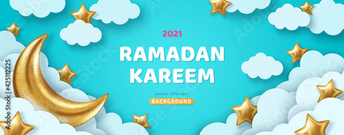 Ramadan Kareem Concept Banner or Voucher Template with 3d Gold Moon, Paper cut White Clouds and Stars on Blue Sky Background. Vector illustration for greeting card, poster and flyer. Place for Text