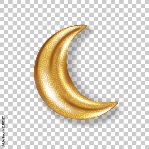 3d gold pattern crescent, glitter half moon isolated on transparent background. Vector illustration. Ramadan Kareem concept icon and good night sweet dreams sign.