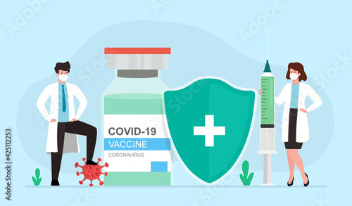 Coronavirus vaccination. Medical doctors characters with  huge syringes to inject and vaccine bottle covid-19. Vector illustration .