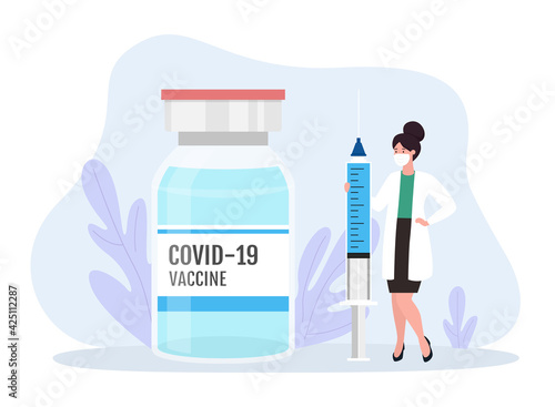 Coronavirus vaccine concept. Woman doctor with vaccine bottle and corona virus injection syringe. Isolated vector illustration.